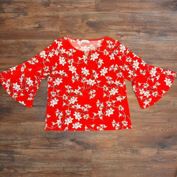 Calvin Klein Tops - Calvin Klein Red floral print 3/4 bell sleeve ruffled  blouse size LARGE
